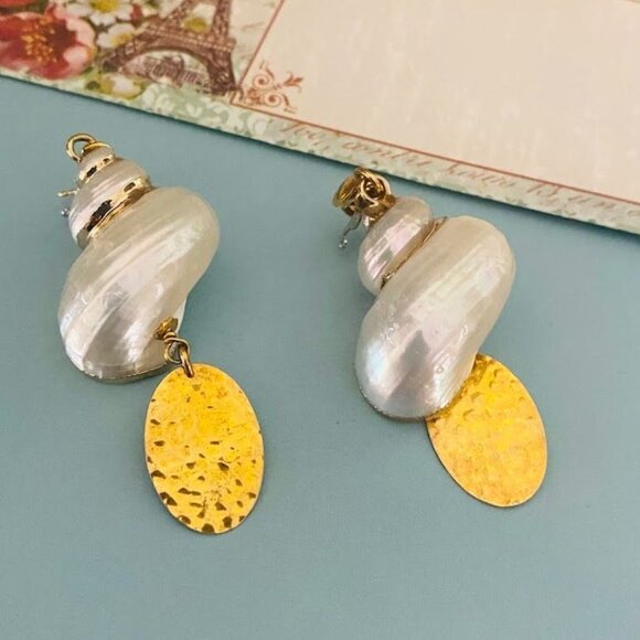 💜 Sesto Continente Made in Italy Shell Earrings 925 Gold Plated Sterling Silver - Picture 6 of 6